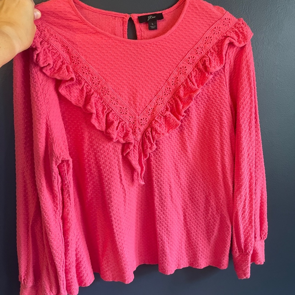 J. Crew Vibrant Pink Lace Ruffle Blouse